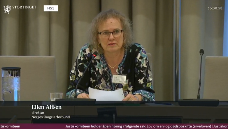 Ellen Alfsen deltar på høring om arv og dødsboskifte i Justiskomiteen (Skjermdump fra Stortingets nettside).
