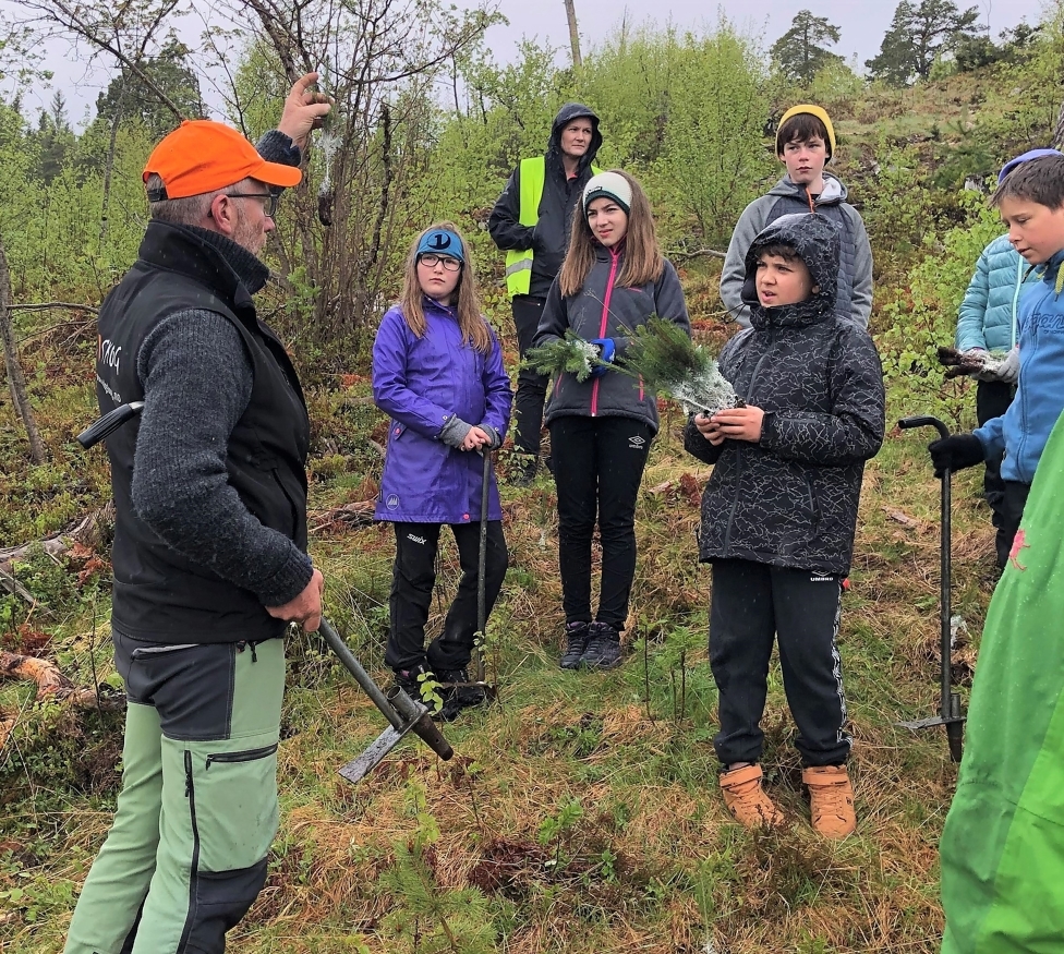 Anders Røkkum fra Skogselskapet gir elevene i Molde opplæring før de skal sette de små skogplantene ned i jorda. 